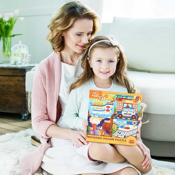 Wooden Puzzles for Toddlers, 8 Pack Vehicle Jigsaw Puzzles for Kids3-5, 9 Pieces Preschool Learning Activities, Learning & Educational Toys, Gift for Boys, Girls