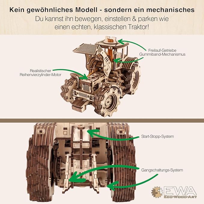 EWA 3D Mechanical Wooden Model - DIY Tractor with Start-Stop System, Inline-Six Engine & More - 3D Wooden Puzzle for 15 yrs Above & Adults - Eco Wood Art, 596 Piece