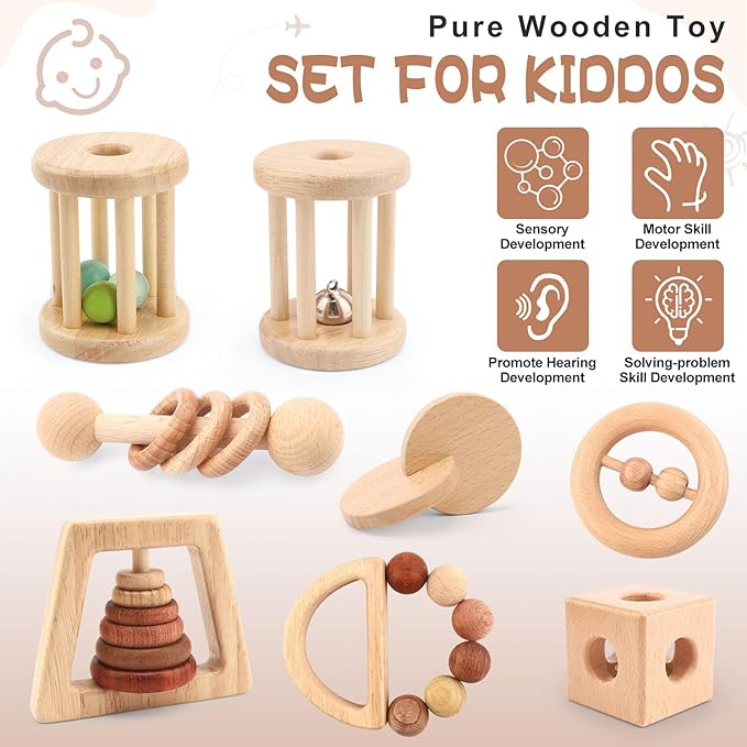 Wooden Baby Toys, 8PCS Wood Montessori Toys for Babies 18-36 Months, Wooden Baby Rattles Set for Grasping, Sensory Development and Cognitive Growth, Gift for Infant Girls Boys