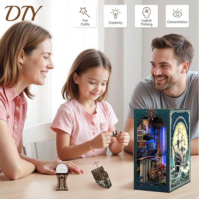 Book Nook Kit - DIY Enchanted Cottage Miniature House for Adults & Teens, 3D Wooden Puzzle Booknook with LED Lights, Bookshelf Insert Decor & Creative Model Building（Riddle On The Sea Floor）