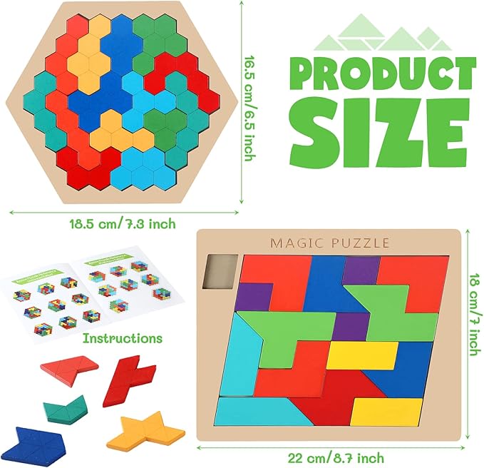 Yunsailing 3 Pack Hexagon Wooden Puzzle Wood Russian Blocks Tangram Puzzle Brain Teaser Puzzles Geometric Jigsaw Block Russian Blocks Logic IQ STEM Toy for All Ages Kid Adult (Fancy)