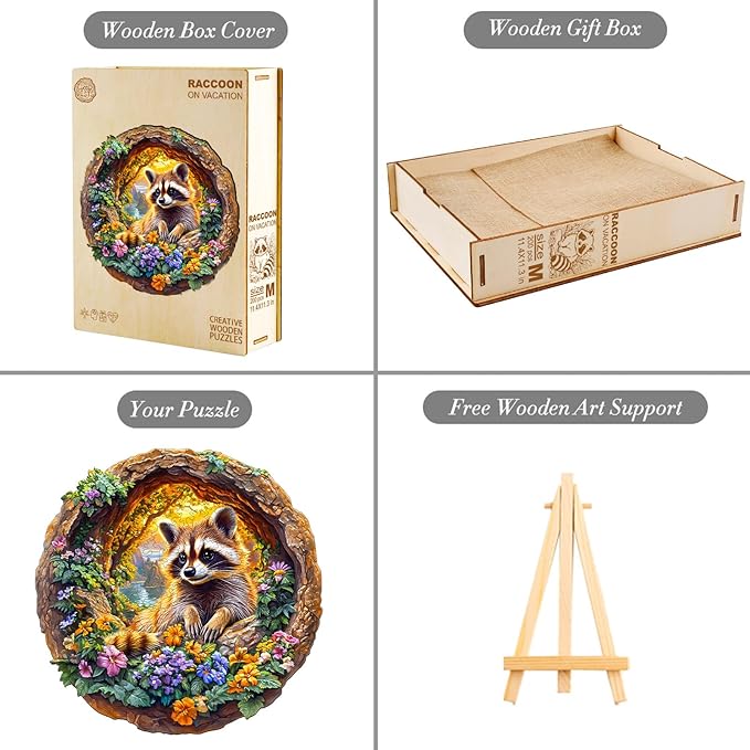 KAAYEE Wooden Puzzles for Adults, 3D Visual Effect Raccoon on Vacation Wooden Jigsaw Puzzle Unique Shape Wood Puzzle Adult, 3D Effect Flat Puzzle Birthday Family Game (M-11.4 * 11.3 in-200pcs)