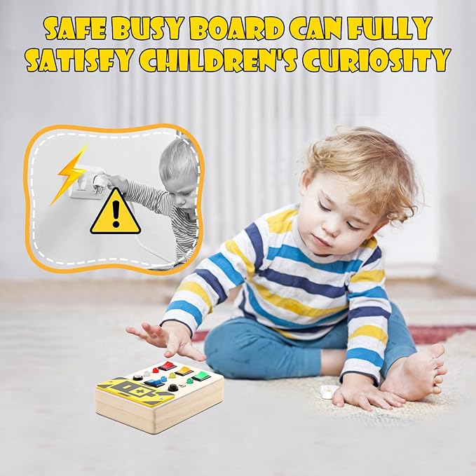 Asweets Montessori Busy Board for Toddler,Wooden Busy Board with LED Light Switches,Sensory Autism Toys Baby Travel Toys,Boys Girls Gifts for Birthday Christmas
