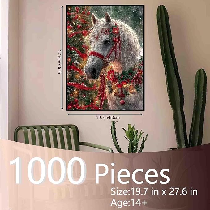 Christmas Animal 1000 Piece Jigsaw Puzzles for Adult White Horse with Red Poinsettia Painting Jigsaw Puzzle 1000 Christmas Tree Puzzles 20''x27”inch DIY Craft Puzzle Art Wall Decor Family Challenging