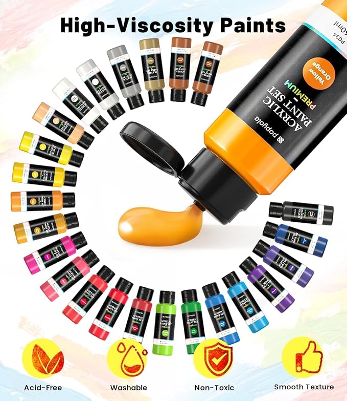 40 PCS Acrylic Paint Set with 12 Brushes, 2 Knives & Palette, 24 Colors (2oz/60ml) Art Craft Paint for Adults Kids Artists Beginners, Halloween Pumpkin Canvas Ceramic Rock Painting Kit