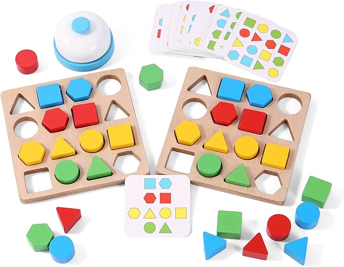 Wooden Puzzles Shape Color Matching Board Games Preschool Educational Montessori Toys for Kids 3 4 5 6 Years Old Boys Girls Brain Teaser Puzzle Logic Game with Bell Cards