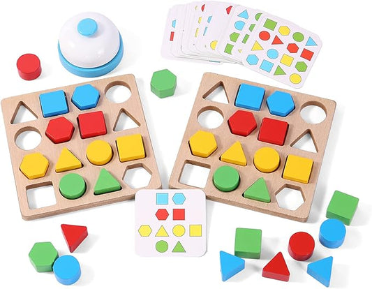 Wooden Puzzles Shape Color Matching Board Games Preschool Educational Montessori Toys for Kids 3 4 5 6 Years Old Boys Girls Brain Teaser Puzzle Logic Game with Bell Cards