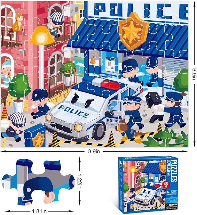 Puzzles for Kids Ages 3-8 Year Old,48pcs Jigsaw Puzzles for Toddlers & Children Ages 4-6，Educational Floor Puzzles with Storage Box for Gifts（Police car）