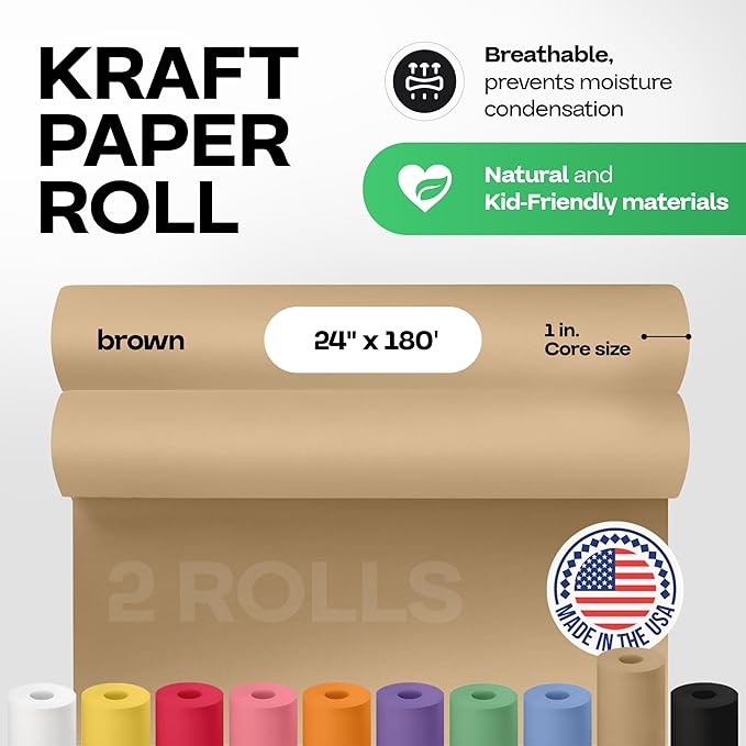 Brown Kraft Paper Roll 24" x 2160" (180 feet), Pack of 2 - USA-Made Brown Packing Paper 30lb Thickness for Moving, Shipping, Crafts/Arts - 100% Recycled Natural Wrapping Material by IDL Packaging