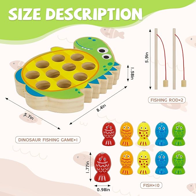 Wooden Magnetic Fishing Game, Dinosaur Magnetic Fishing Toy for Kids 3-5, Montessori Preschool Education Learning Color Sorting Fine Motor Skill for Toddlers