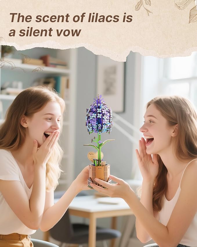 Welsky 3D Lilac Wooden Puzzles for Adults, DIY Wooden Flower Craft Kit, Artificial Flowers Model Kit to Assemble for Adults.(3.25 * 2.9 * 9.48 in 168PCS)