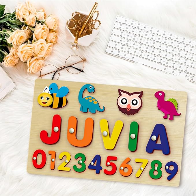 Name Puzzle for Kids Personalized - Custom Name Puzzles for Toddlers 1-3, Customized Wooden Animal Puzzle, Baby Gifts, Baby Shower, Christmas, Newbaby Gift, Gifts for 0 1 2 3 Years Old