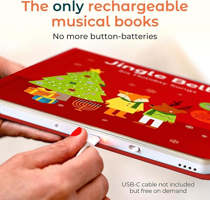 Cali's Books Jingle Bells USB-C Rechargeable Christmas Musical Book - Toddler Interactive Christmas Books for Kids and Babies - Sound Books for Toddlers 1-3 - Baby