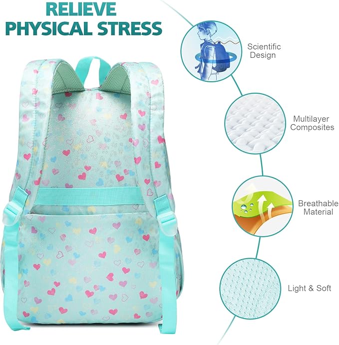 SUN EIGHT Backpack for Girls Kids Elementary Bookbag Waterproof Large Space School Backpacks for Teens for Travel and School Ages 6+ Years old Casual Backpack（Pink Green Peach Heart）