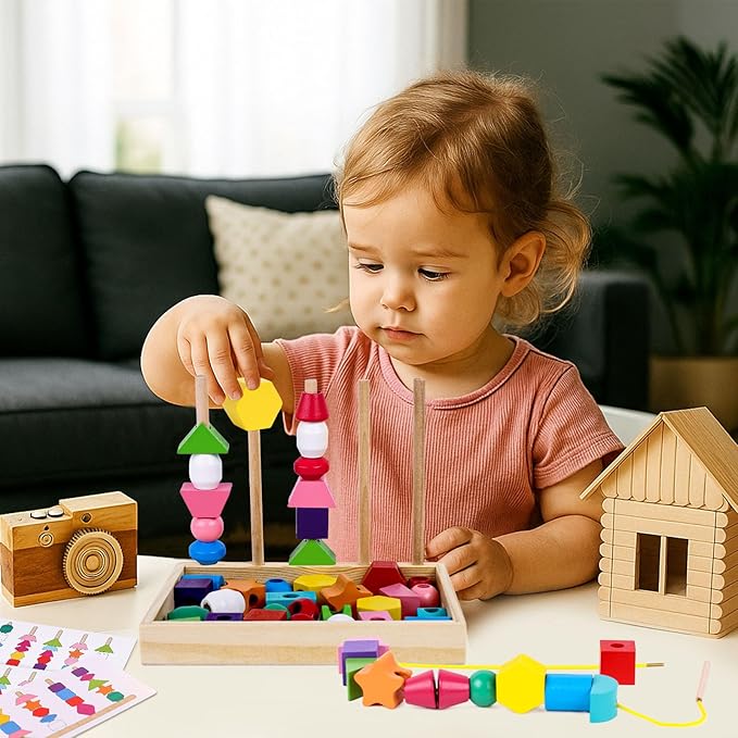 LovesTown Beads Sequencing Toy Wooden Stacking Montessori Toys for Kids Coordination and Educational Preschool Learning Toy
