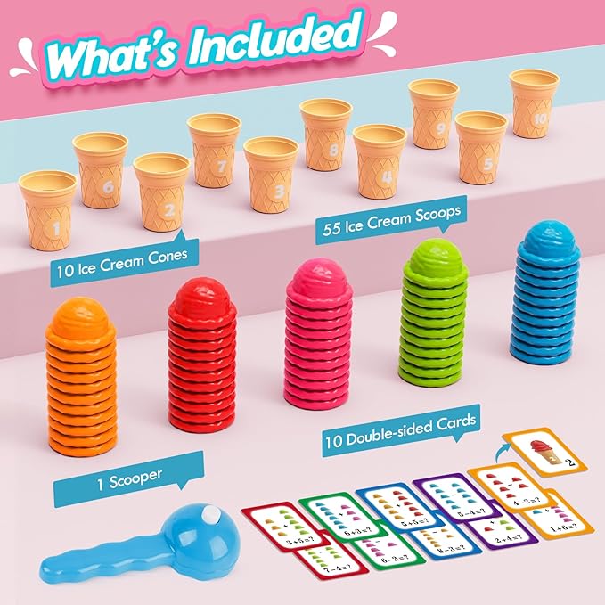 Aizweb Ice Cream Counting and Color Sorting Stacking Toys for Toddlers, Montessori Preschool Kindergarten Learning Activities,Number Math Manipulatives Math Games Educational Fine Motor Skills Toys