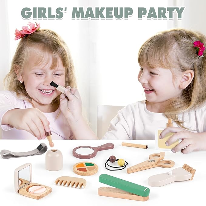 Montessori Makeup Kit - Toys for 2 Year Old Girls Birthday Gifts, Wooden Pretend Play Set for Toddler Girls 2-4 - Beauty & Hair Salon Toys, Christmas & Birthday Gifts for Kids 3-5