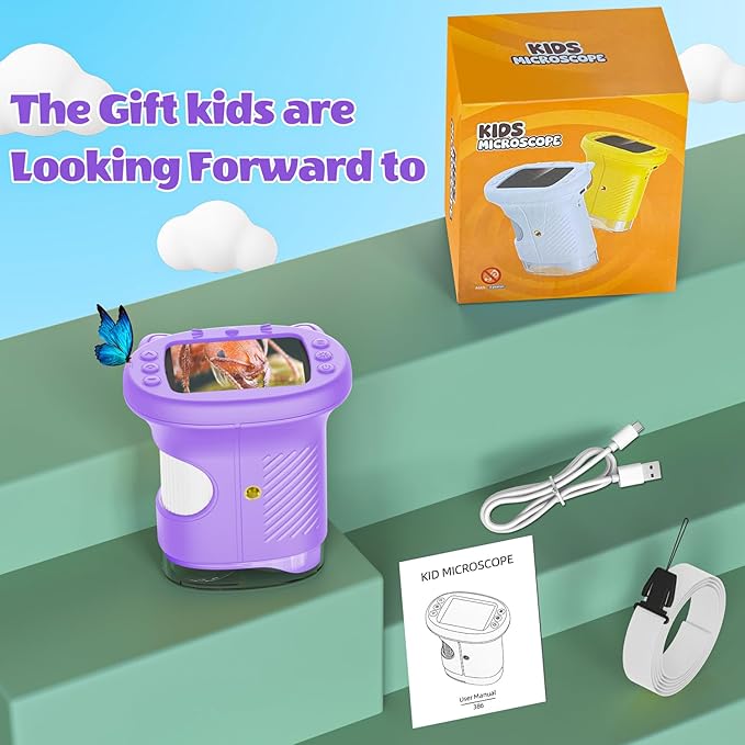 Kids Microscope, 1000X Portable Digital Microscope with 2.4" IPS Screen & 8 LEDs, USB Rechargeable, STEM Educational Science Kit, Great Christmas & Birthday Gift for Children Ages 3-12