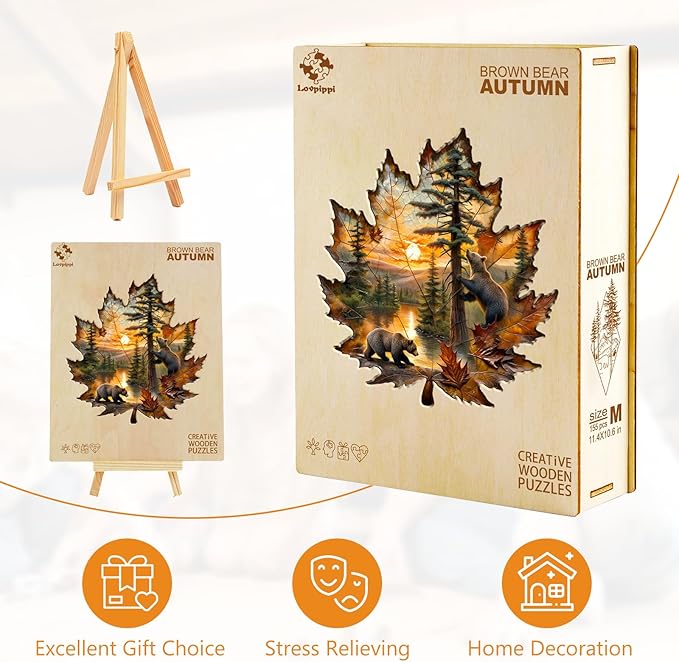 Wooden Puzzles for Adults, Wooden Jigsaw Puzzles for Adults, Brown Bear Autumn Maple Leaf Unique Shaped Wood Puzzles Adult, Creative Gifts for Friends Family Game, Home Decor (11.4 * 10.6in 155pcs)