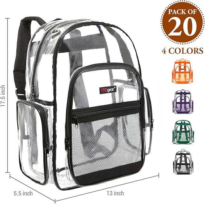 Wholesale 20-Pack Bulk Case Clear PVC Backpacks Bundle includes Black, Orange, Purple, and Green Trim, 17" Transparent School Approved Backpack, Daypack, Stadium Bag, Bookbag