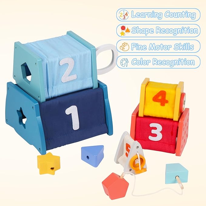 Wooden Activity Cube,14-in-1 Wooden Montessori Learning Toys for 36 M+ Toddlers, Nesting & Stacking Preschool Montessori Toy Set with Bonus Sorting & Stacking Board