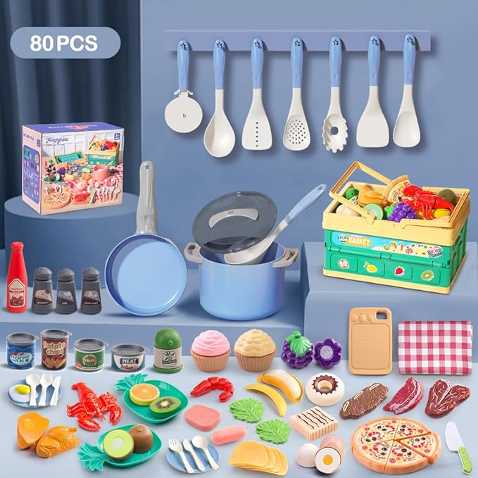 80Pcs Kitchen Playset, Toddler Pretend Cooking with Pots, Pans, Cookware, Food, Picnic Blanket, Fruits, Veges, Shopping Storage Basket, Dessert , Learning Gift for Girls Boys (Blue)