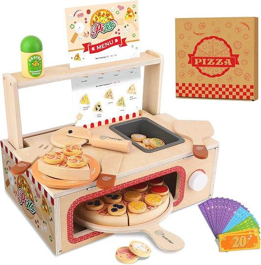 Wooden Pizza Toy Set for Kids, 68PCS Montessori Pretend Play Food Toys, Wooden Pizza Counter Playset with Bake Oven & Toy Dishes, Develop Imagination, Ideal Gift for Boys & Girls Aged 3+