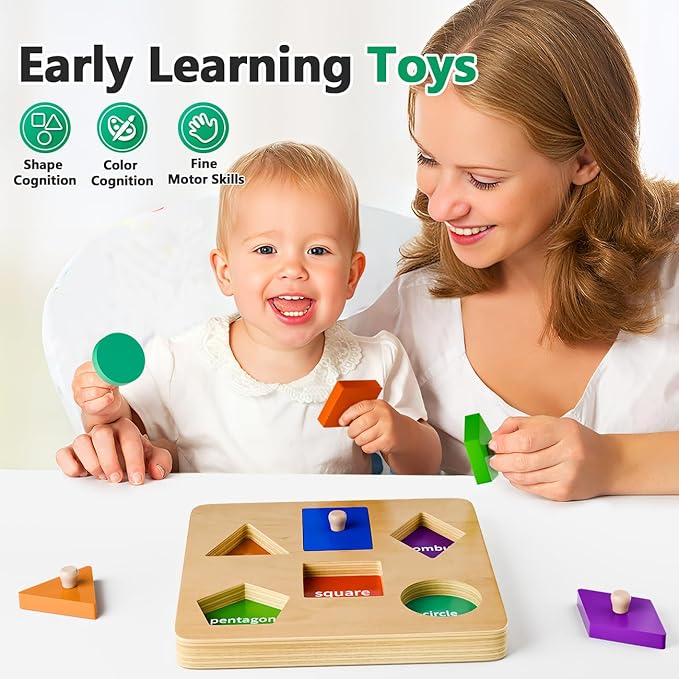 Wooden Shapes Puzzles for Toddlers : Montessori Toys for 3 4 5 Year Old Boy Birthday Gifts - Shape Color Match Peg Puzzles - Learning Educational Toys for Toddlers Age 3 4 Year Old Girl