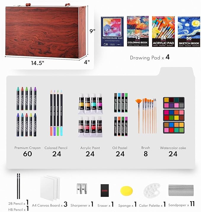 194 Piece Deluxe Art Set, Painting Drawing Art Supplies with 4 Drawing Pads, Acrylic Paints, Crayons, Colored Pencils Set in Wooden Case, Art Kit Gift Box for Kids, Teens, Adults, Artists, Beginners