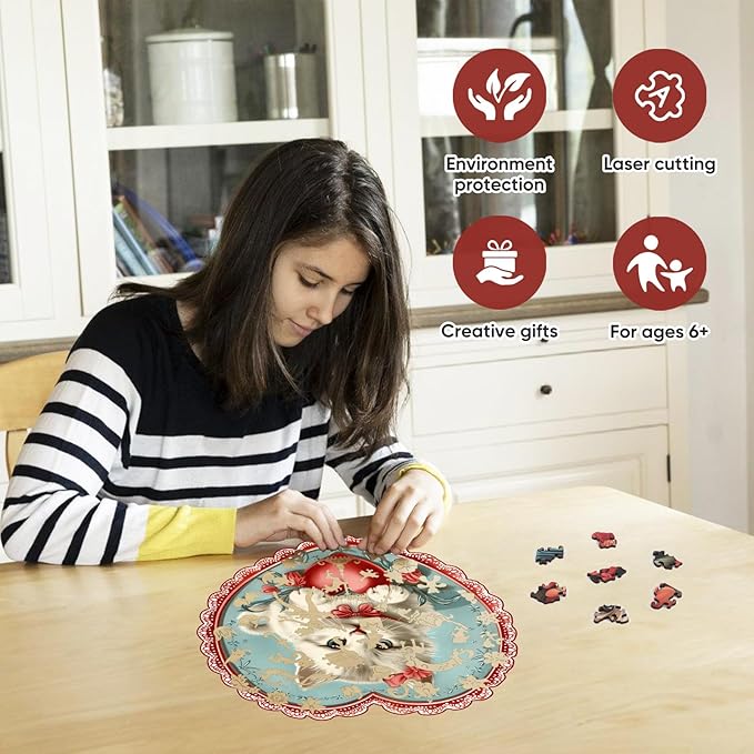 Wooden Puzzle for Adults - 3D Vision Effect Heart Cat Puzzle 200 Pcs Unique Shape Advanced Wooden Jigsaw Puzzle, Challenge Jigsaw Puzzle(11.1 x 11.2 in)