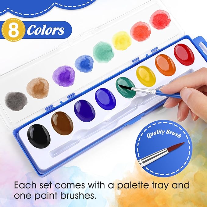 FUMILE Watercolors Paint Set Bulk,30 Pack 8 Washable Bright Colors with Paintbrush.Watercolors Paint Set Kids for Parties,Art Lessons,Birthday Party Favor,valentines for kids classroom,All Ages.