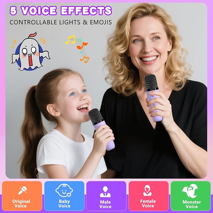 Mgaolo Upgraded Mini Karaoke Machine Toy for Kids, Portable Bluetooth Speaker with 2 Wireless Mics, Emoji & Colorful LED Lights, Home Travel & Party Play Gifts for Boys Girls (Purple)