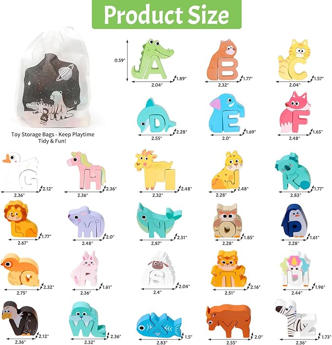 Wooden Alphabet Puzzle for Kids Ages 3-5 - 52pcs ABC Animal Matching Game with Storage Bag, Montessori Learning Toys, 3D Letter Recognition Puzzle, Non-Toxic Educational Gift for Toddlers