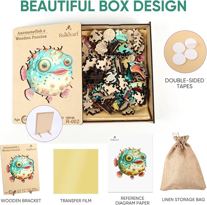 Ruikiyart Wooden Puzzles for Adults and Kids,100 Piece Unique Shaped Wooden Jigsaw Puzzles for Adults Fun and challenging Family Game,Creative Gifts,Extra Thick 5mm,7.87x8 Inches