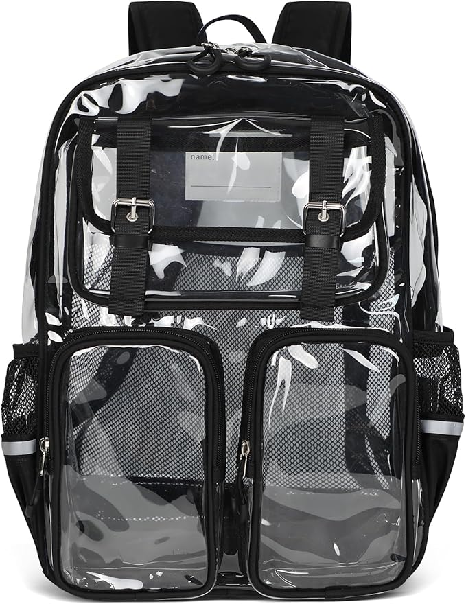 Clear Backpack for School - 17" Transparent Backpacks With Water-Resistant PVC Plastic Material and Ruggedly Reinforced Shoulder Straps, School Bag for Teen Boys Girls Black