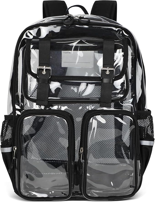 Clear Backpack for School - 17" Transparent Backpacks With Water-Resistant PVC Plastic Material and Ruggedly Reinforced Shoulder Straps, School Bag for Teen Boys Girls Black