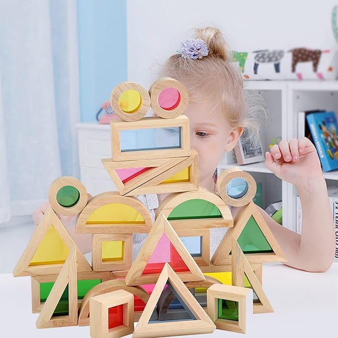 Agirlgle Wood Building Blocks Set for Kids 24 Pcs Rainbow Stacker Stacking Game Construction Toys Set Preschool Colorful Learning Educational Toys - Geometry Wooden Blocks for Boys & Girls