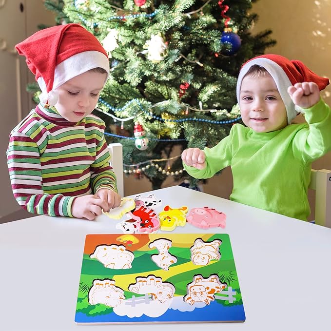 Wooden Peg Puzzle for Toddlers 1-3 Year Old,Funsland Puzzles Gifts Colorful Toys Cartoon Gifts,Farm Animals Puzzles