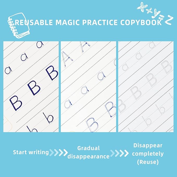 Grooved Handwriting Book Practice, Magic Copybooks for Kids Reusable Handwriting Practice Set, Preschool Calligraphy Workbook with a Storage Bag for Easy Use