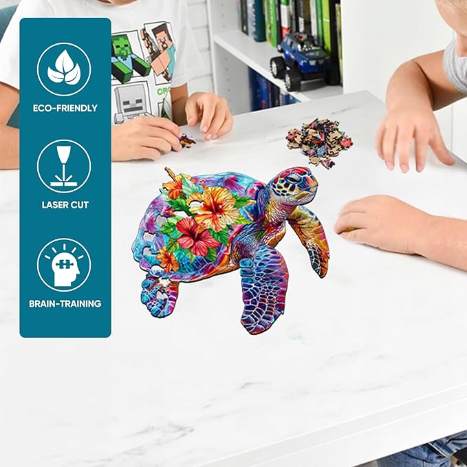 Wooden Jigsaw Puzzle, 200 Pcs Unique 3D Shape Jigsaw Puzzles, Wood Puzzle Gift Box Packing, Medium Size Letter, Creative Gift for Adults and Kids, Fun Challenging (EA4Turtle, 200PCS)