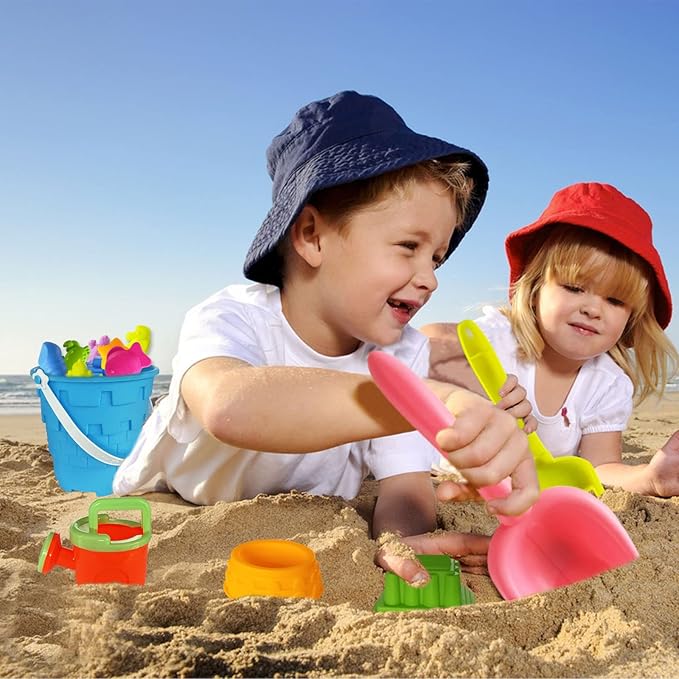 Beach Sand Toy Set for Kids, 15PCS Sand Toys with Beach Bucket, Watering Can, Big Shovel, Rake, Sea Animal Molds Sand Castle Building Kit for Boys, Girls, Toddlers