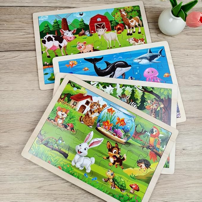Set of 4 Packs Wooden Animals 24-PC Jigsaw Puzzles Wood Jigsaw Puzzles for Kids 3+ Years up Preschool Educational Puzzles Boards Toys Gifts
