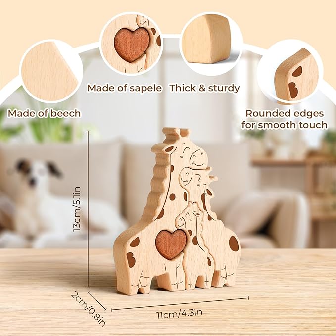 Wooden Giraffe Family Puzzle Games, Personalized 4 Name Puzzle for Home Crafts Decor, House Warming Birthday Party Gifts for Mom Dad Grandma Kids New Baby, Wooden Bear Family