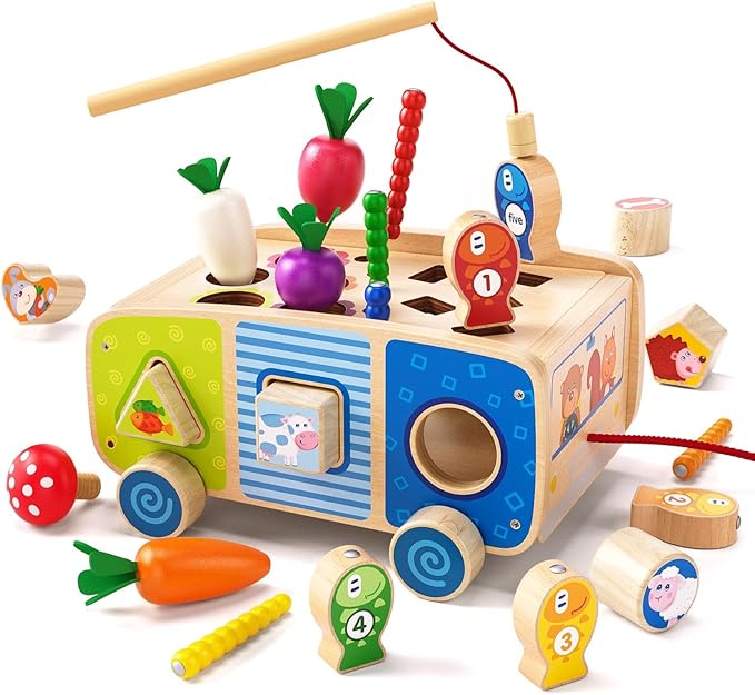 Dailyfunn Montessori Wooden Farm Toys for Babies Toddlers Boys Girls 1-3 Years Old 1st First Birthday Gifts| Fine Motor Skills Developmental Fishing Game Carrots Harvest Game Shape Sorter