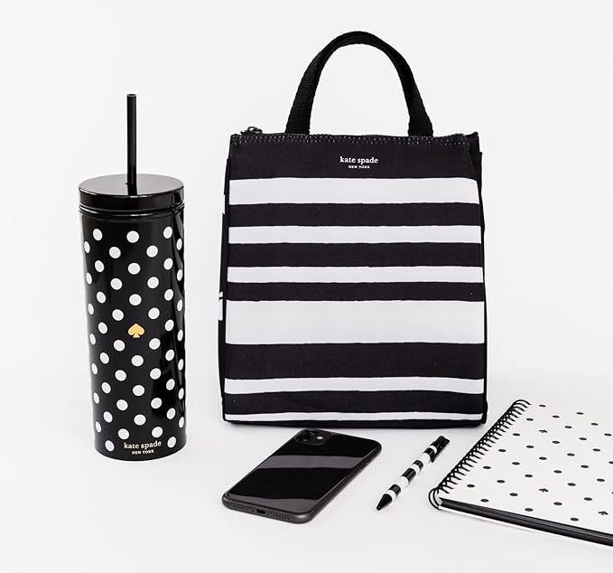 Kate Spade New York Black Portable Soft Cooler Lunch Bag, Thermal Tote with Silver Insulated Interior Lining and Storage Pocket, Sarah Stripe