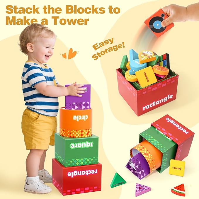 Atoylink Montessori Toys Shape Sorter for Toddlers, Wooden Stacking Blocks Nesting Boxes Baby Everyday Objects Shape Sorting Toys Matching Games, Preschool Learning Toys for 1 2 3 Year Old Boys Girls