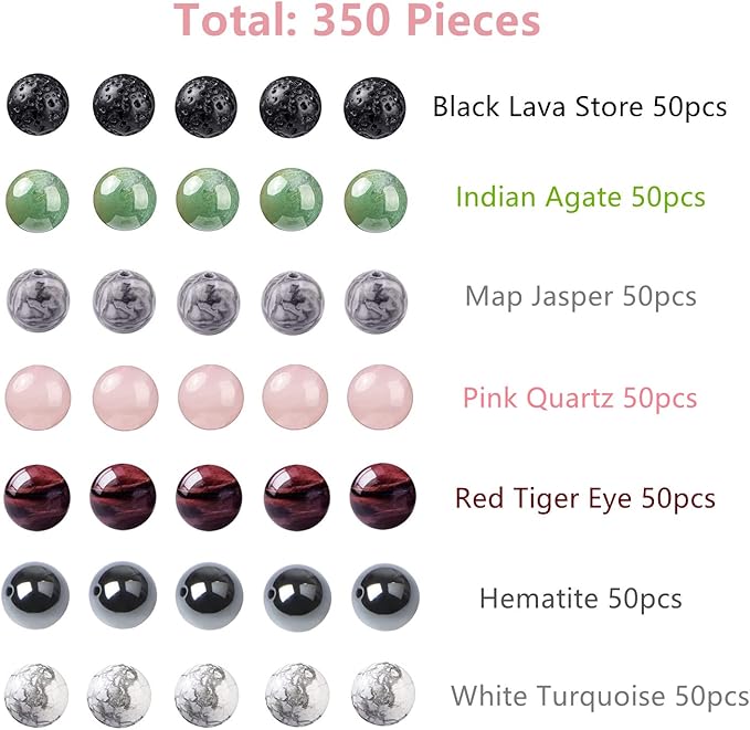 350pcs 4mm Natural Stone Round Beads Crystals Energy Healing Genuine Real Stone DIY Charm Smooth Beading for Bracelet Necklace Earrings Jewelry Making(4mm,7 Color A