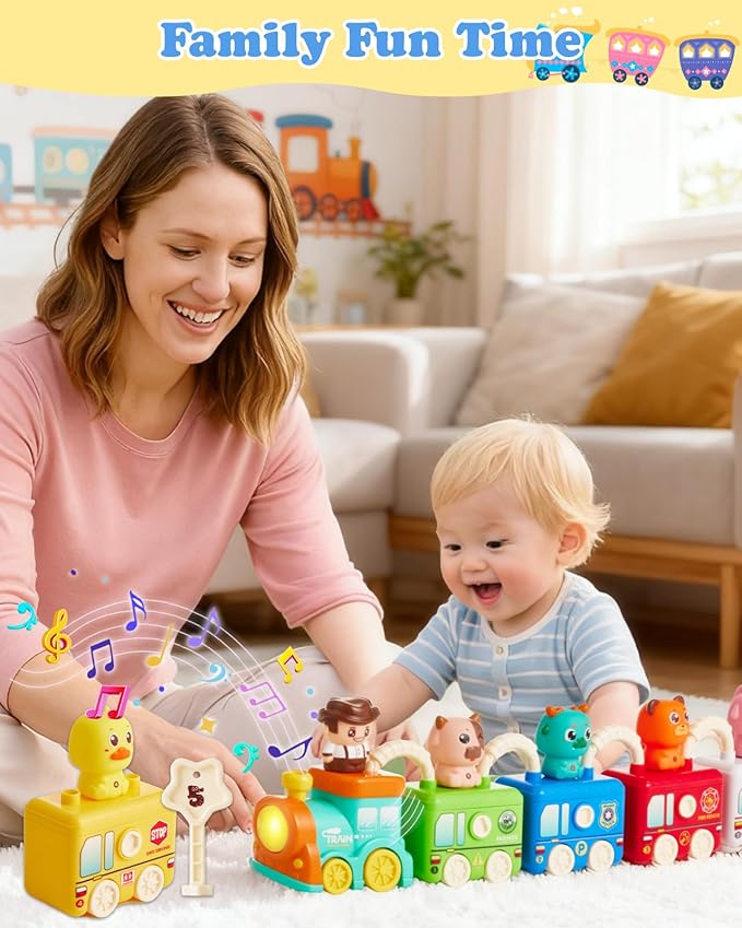 Montessori Toys Train Set for Toddlers 2-4 Year Old,Matching & Sorting Learning Train Set with Music & Light Including 6 Finger Puppets,Keys,Christmas Birthday Gifts for Baby Girls Boys 2+