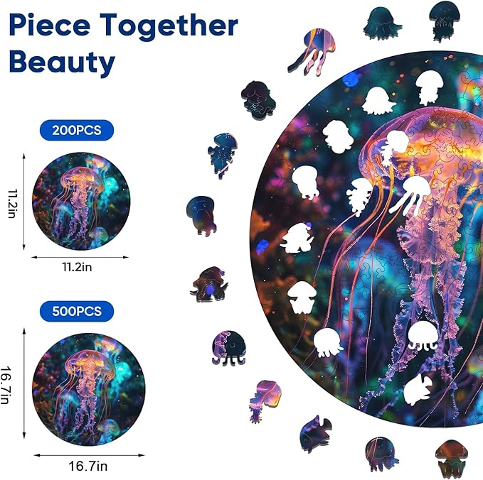 Ruikiyart Wooden Puzzles for Adults, 5MM 500 Pieces Jellyfish Wooden Jigsaw Puzzles, Sea Animals Unique Shapes Puzzles, Gift for Kids and Adults on Birthday, Thanksgiving, Christmas (16.7" x 16.7")