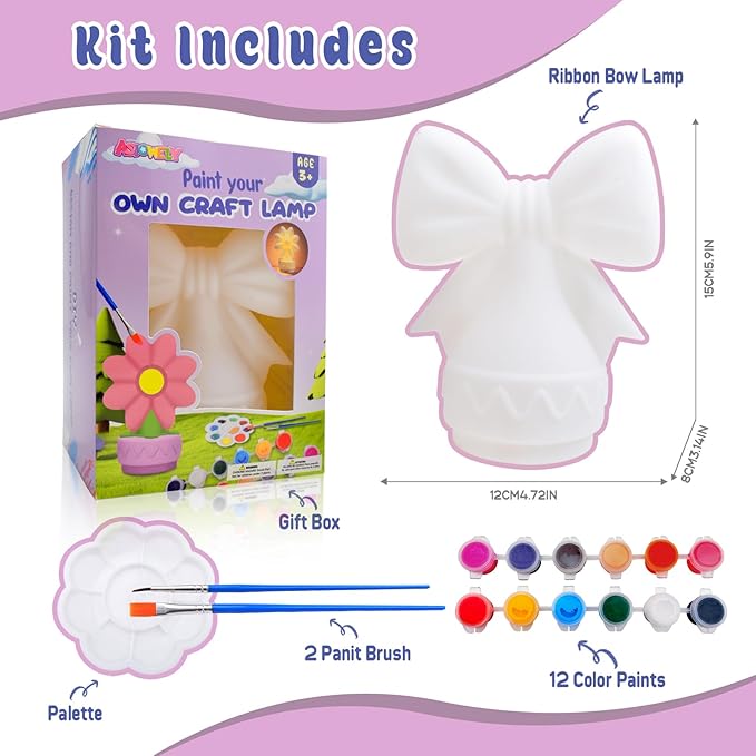 ASIOWELY Paint Your Own Ribbon Bow Lamp Kits,Arts and Crafts Supplies for Kids Toys Ages 4-6-8-12,DIY Art Night Light Painting for Girls Ages 5-10,Birthday Gifts for 3-12+ Year Old Toddler Teens Adult